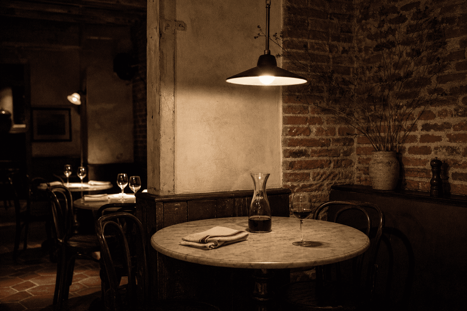 Une salle de bistrot toulousain éclairée par une seule suspension, en fin de journée.